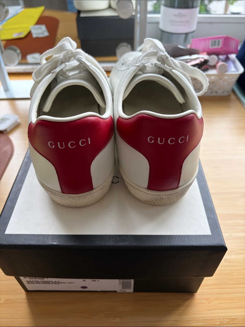 Gucci White Leather Sneakers with Red Heel Patch